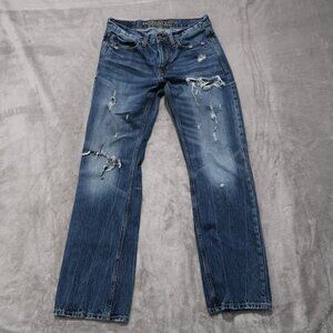 American Eagle Jeans Men 29x32 Blue Original Boot Distressed Whiskering Fading